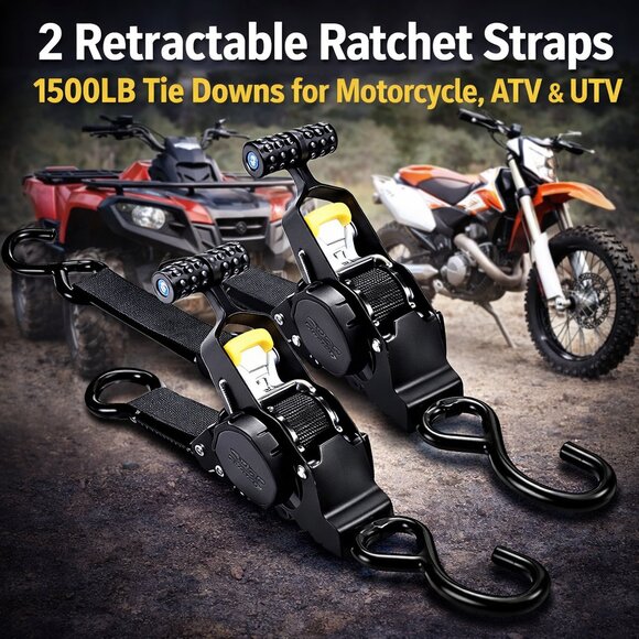 Heavy Duty Retractable Ratchet Straps (2-Pack) – Truck, Trailer and Garage Tool - Picture 7 of 16